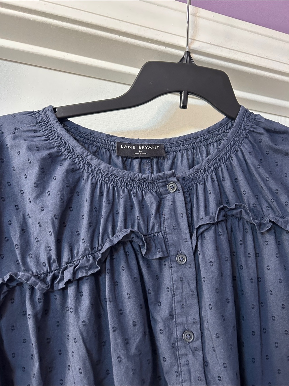 Lane Bryant Navy Ruffled Button-Front Blouse - Picture 2 of 3